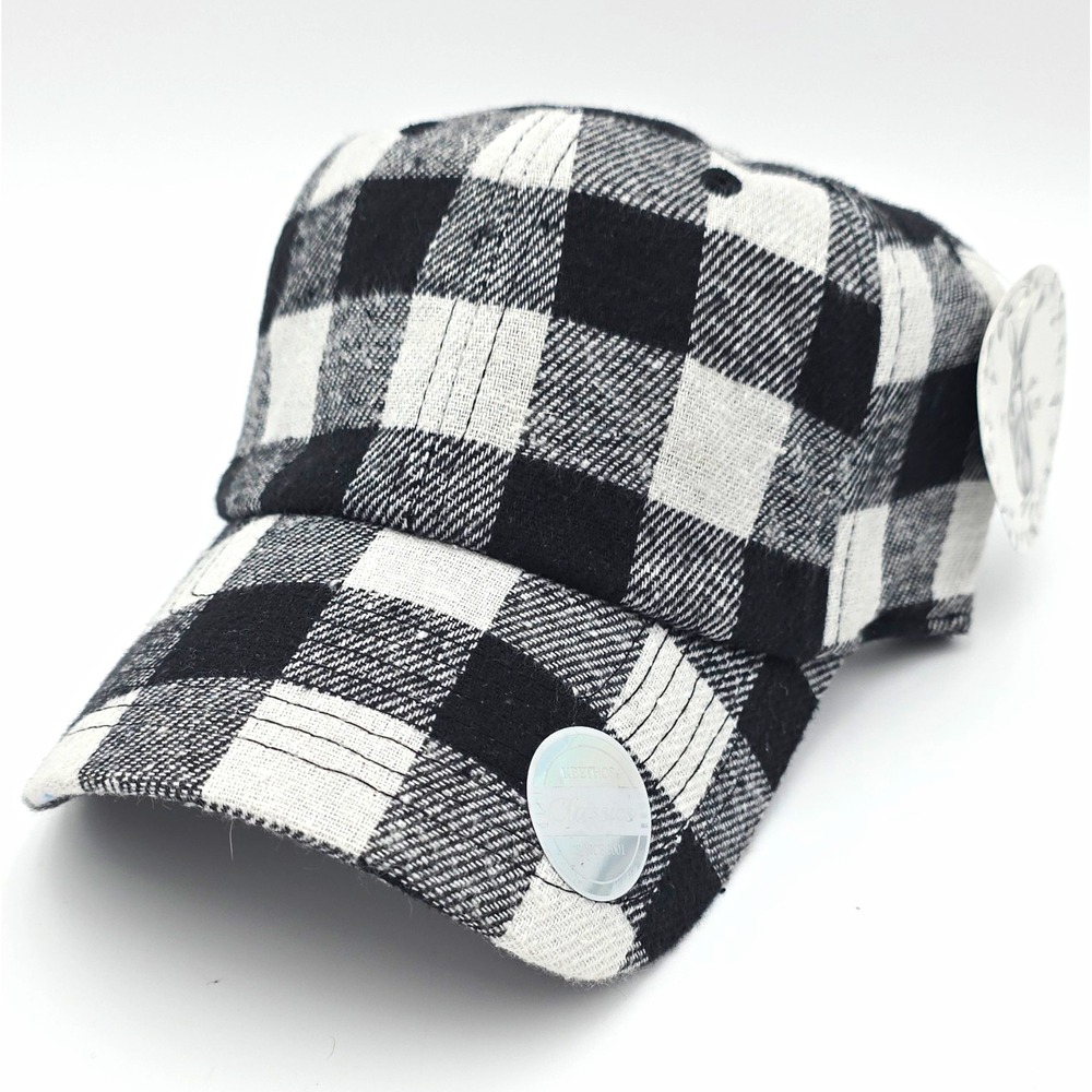 Womens Flannel Buffalo Plaid Baseball Cap, Black & White, Adjustable Hat - New